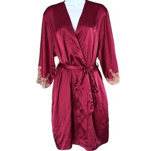 Jones New York Y2K Satin Wrap Robe Women’s L/XL Lace Burgundy Wine Feminine Sexy
